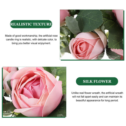 BEBEMOKO Artificial Rose Candle Ring Wreath Floral Table Centerpiece, Light Pink Faux Flower Candle Decor for Wedding, Valentine’s Day Party and Home Decoration