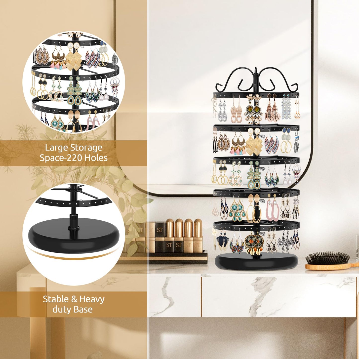 MODOWEY Rotating Earring Holder Organizer Stand, 5 Tier Metal Tree Display for Women Vendors, 220 Holes Adjustable Jewelry rack for Stud Hoop Dangle Storage, Trendy Carousel Keeps Dresser Neat, Black