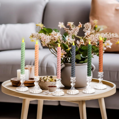 Baquler 6 Pcs Pastel Flameless Taper Candle Twisted 9.65 in Spring Colorful Taper Candles Battery Operated Pastel Spiral Candlestick LED for Wedding Birthday Home Party Holiday Dinner Fireplace