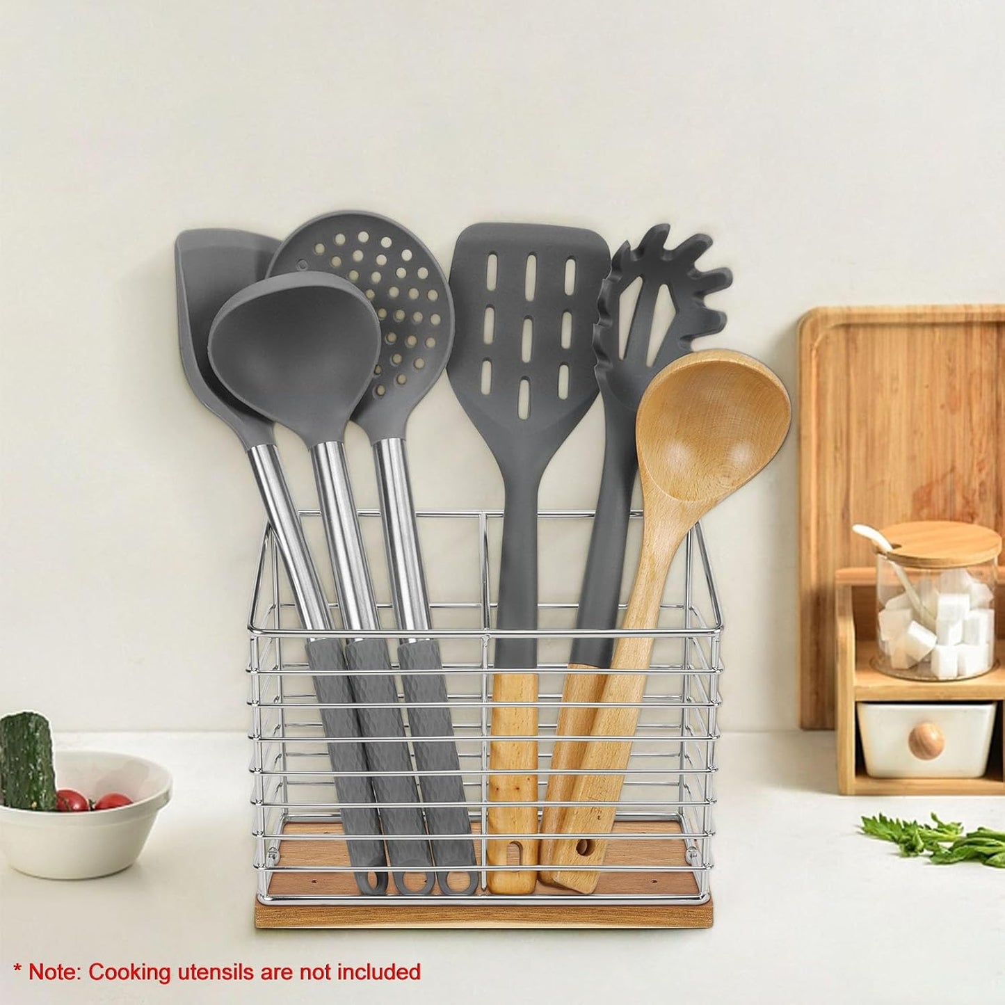 Utensil Holder for Kitchen Counter, Metal Rack for Cooking Tools Storage, Sturdy Base with Drainage Hole (Chrome Wooden)