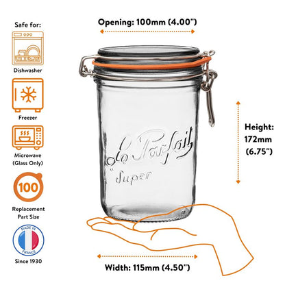 Le Parfait Super Terrine 1L (32oz) Zero Waste Eco-Friendly Glass Canning Jars, Airtight Rubber Seal & Wire Bail Lid, BPA-Free, Water Bath Safe for Food Storage & Preserving, Made in France, 4PK