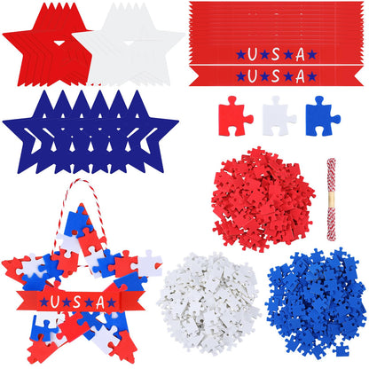 Soulchen 16 Sets DIY 4th of July Wreath Craft Kit Patriotic Red Blue White Hanging Craft Kits 640 Pcs Foam Puzzle 16 Star Paper Wreath and 1 Roll Rope for Home Classroom 250th Anniversary Memorial