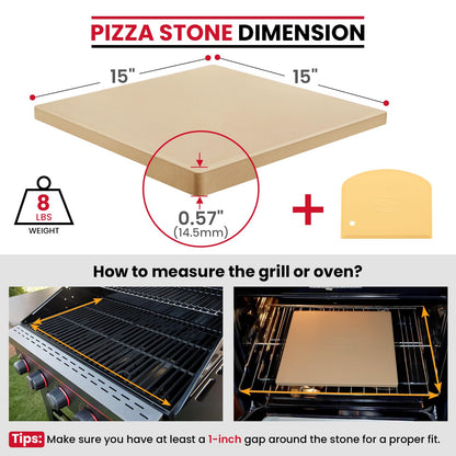 Unicook Pizza Stone 15 Inch, Premium Baking Stone for Oven Grill, Square Cordierite Bread Pizza Pan, Thermal Shock Resistant, Includes Scraper