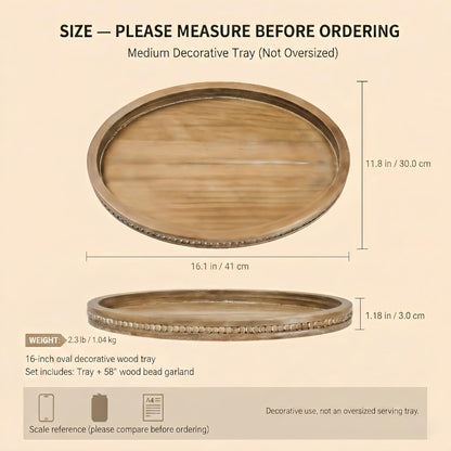 16" 11.8" 58" x Oval Wood Decorative Tray with Bead Garland, Farmhouse Coffee Table & Kitchen Island Dcor, Rustic Brown