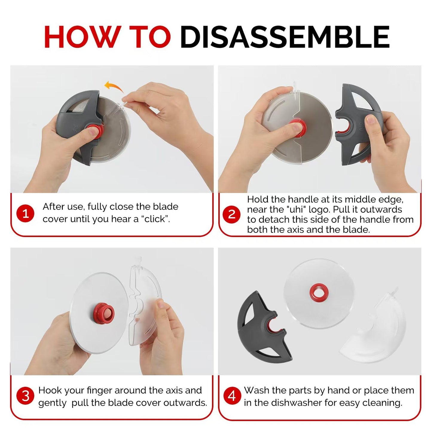 UHIYEE Palm-Grip Pizza Cutter Wheel with Protective Blade Guard, 4.3" Detachable Stainless Steel Pizza Slicer for Deep Dish Crusts, Easy Cleaning, Gray