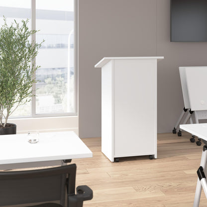 Bush Business Furniture Podium Lectern, 48 inch Tall, Professional-Grade Mobile Presentation Stand Up with Shelves, Envision Collection, White