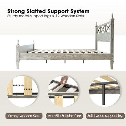 King Size Platform Bed Frame with Solid Wood Headboard & Footboard, 12 Heavy-Duty Slatted, Metal Legs, Anti-Slip & Noise-Free, Easy Assembly, No Box Spring Needed, Weathered Gray Oak Finish RIK-34