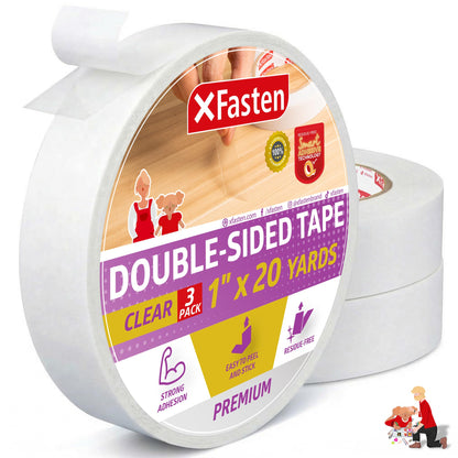 XFasten Double Sided Tape Clear, Removable, 1-Inch by 20-Yards, Pack of 3 Ideal as a Gift Wrap Tape, Holding Carpets, and Woodworking