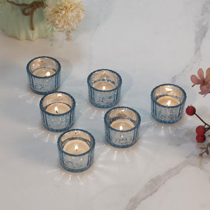 Round Clear Votive Candle Holders Set of 12, Purple Wedding Centerpiece Table Decorations, Mercury Glass Tealight Candle Holder for Bridal Shower, Baby Shower & Home Decor (Blue)