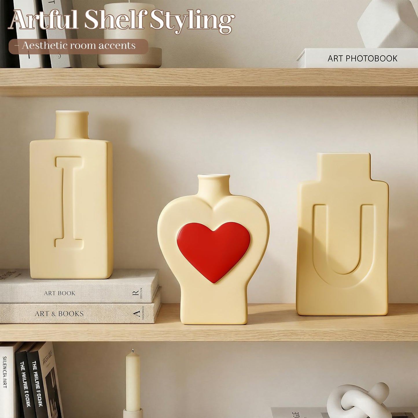 Ceramic Vase Set of 3, I Love U Matte Ceramic Vases for Home Decor, Romantic Decorative Flower Vases for Shelf, Bedroom, Coffee Table, Wedding Yellow Heart