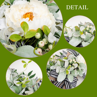 Lambs Ear Wreaths for Front Door Year Round Outside, 20'' Artificial Spring Summer Wreath with Peony Buffalo Bow Green Handmade Farmhouse Home Decor