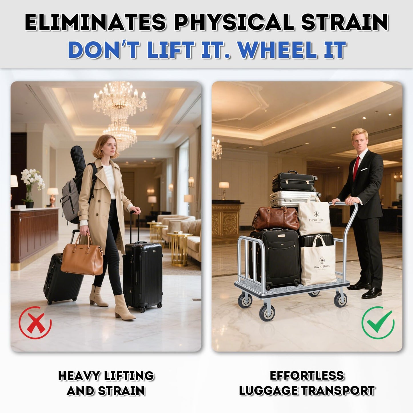 Hotel Luggage Cart, 900LBS Load Capacity Bellman's Cart with 8" Wheels, Brushed Stainless Steel Commercial Grade Hotel Luggage Trolley with Grey Carpeted Deck for Hotels (42''L x 25''W x 38''H)