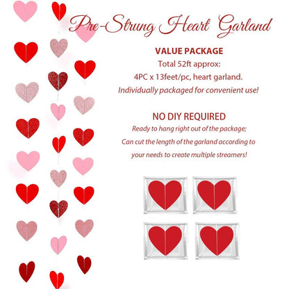 Heart Garland Banner Valentines Decorations- Valentines Galentines Day, Pink Rose Gold Burgundy Red Party Hanging Décor- 52ft Pre-Strung Paper Hearts Garland Streamers for Bridal Shower Party, NO DIY