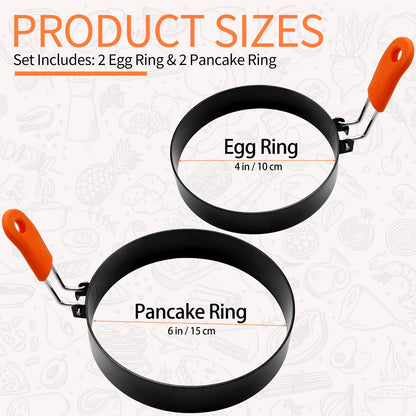 Jibrelxion 4 Pack Professional Egg Ring Set, Stainless Steel Griddle Pancake Shapers, Round Fried Egg Molds with Orange Silicone Handle for Cooking, Breakfast, Omelette and Sandwich, (4,6 Inch)