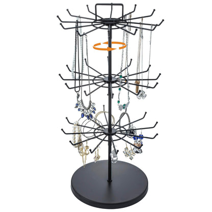 MyGift 3-Tier Matte Black Metal Jewelry Tree Display Stand – 360 Rotating Necklace & Bracelet Organizer Tower with 36 Hooks and Top Sign Holder