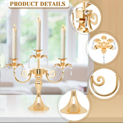 KEHAIL Metal 3 Arm Gold Candelabra with Crystal Pendants - 11.8 Inch Tall Candle Holders, Set of 6 - Elegant Taper Candlestick Stand for Wedding, Dining Table, Party Home Decoration