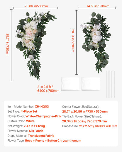 VEVOR Artificial Wedding Arch Flowers Kit, White Wedding Arch Flowers with Drapes Kit (Pack of 4) - 2 Pcs Floral Arrangement, 2 Pcs Sheer Drapes, for Ceremony Bouquets Reception Backdrop Decoration