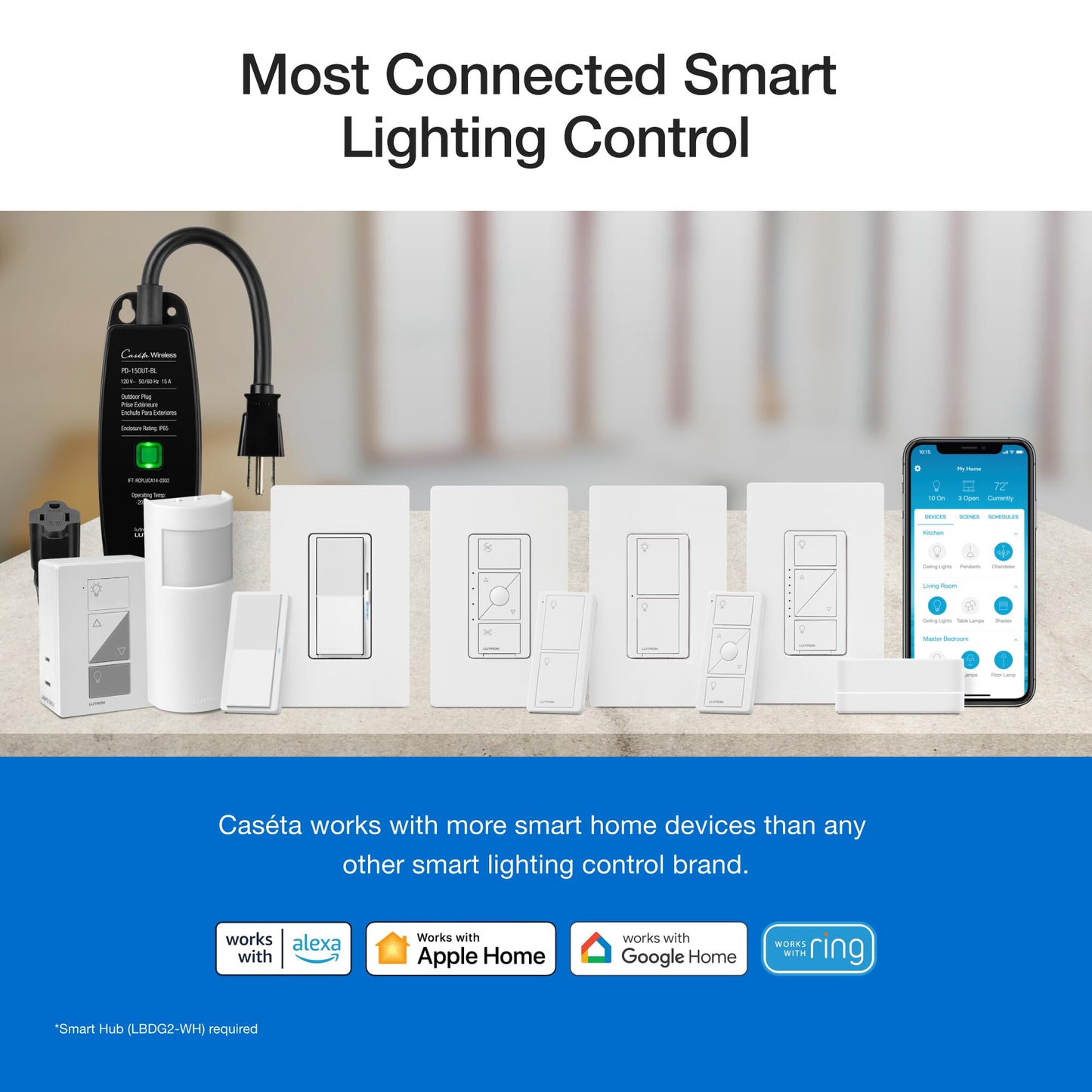 Lutron Diva Smart Dimmer Switch Kit for Caseta Lighting w/ Hub, Pico Remote & Pedestal, Smart Dimmer Works with Apple Home, Ring, Google Home, 3 Way, DVRF-BDG-1DP-A
