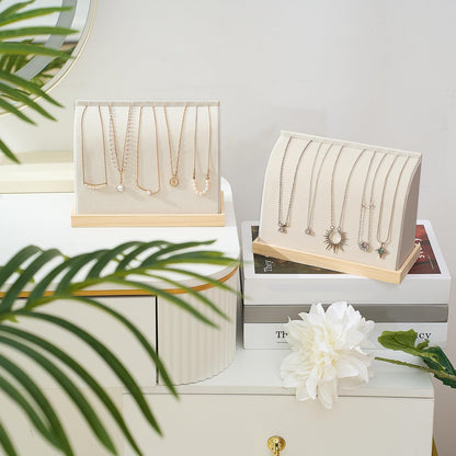 RattanView 2 Pieces Cambered Wooden Necklace Display Stand with Soft Mat Necklace Holder Jewelry Display for Vendors Home Boutique Countertop Pendant Chain Chokers Organizer Pendant (Beige, Velvet)