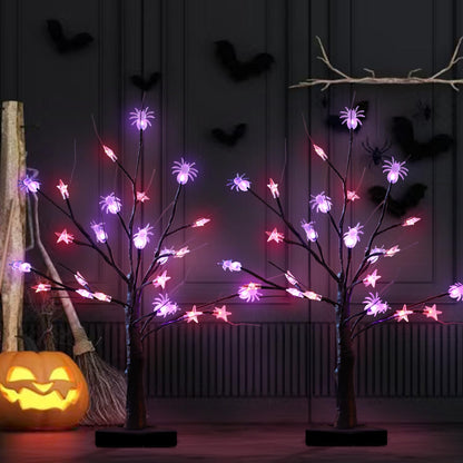 HipTree Halloween & Seasonal Decor Combo: 28 Inch Lighted Skeleton Wreath with Autumn Leaves + 2-Pack 2ft Lighted Black Birch Trees, LED Fairy Lights for Indoor/Front Door/Tabletop Holiday Ambiance