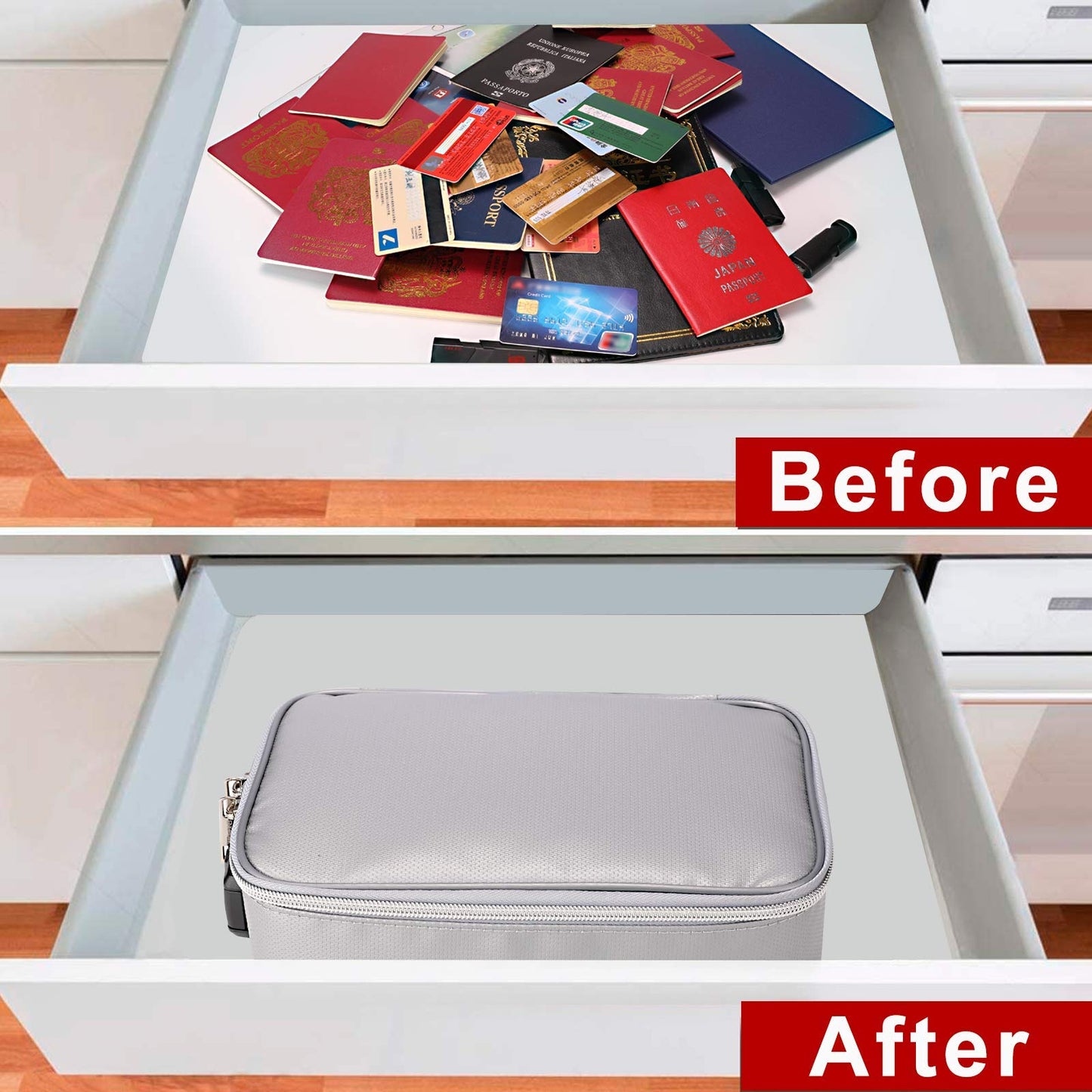 ENGPOW Small Fireproof Storage Organizer Case with Lock(9”x 5.3”x 3.7”), Soft Money Safe Coin Organizer Wallet Bag for Cash,Card,Passport,Check,Bill,Travel Home Organizer Carrying Case,Silver