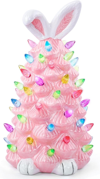 Skiennix Easter Bunny Decor - Glowing Ceramic Tree Night Light for Kids | Cute Indoor Tabletop Decoration (Pink)
