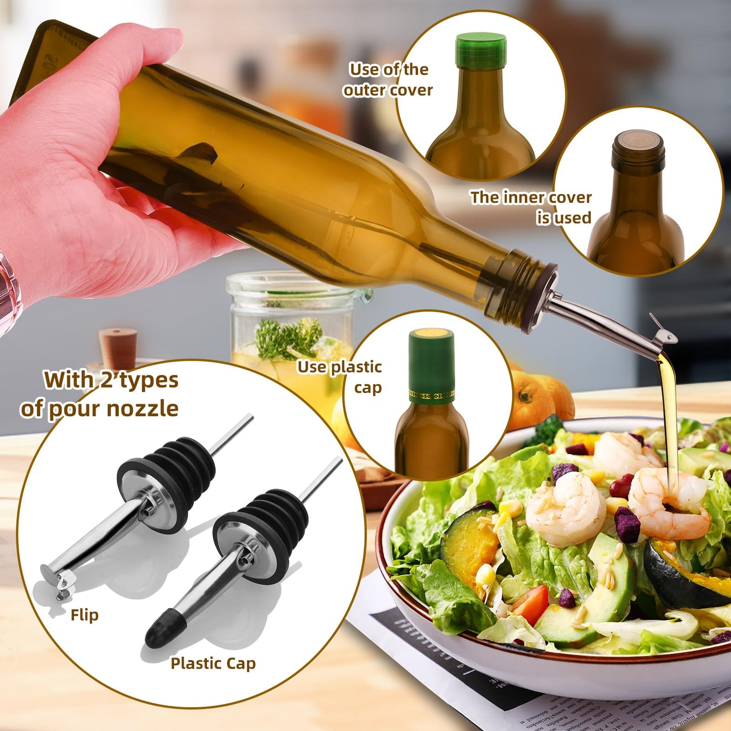 eispap 17oz 4 Pcs Olive Oil Dispenser Bottle,500ml Glass Oil and Vinegar Dispenser Set with 4 Stainless Steel Pourers, 8 Labels,Funnel Oil Bottles for Kitchen (Brown)