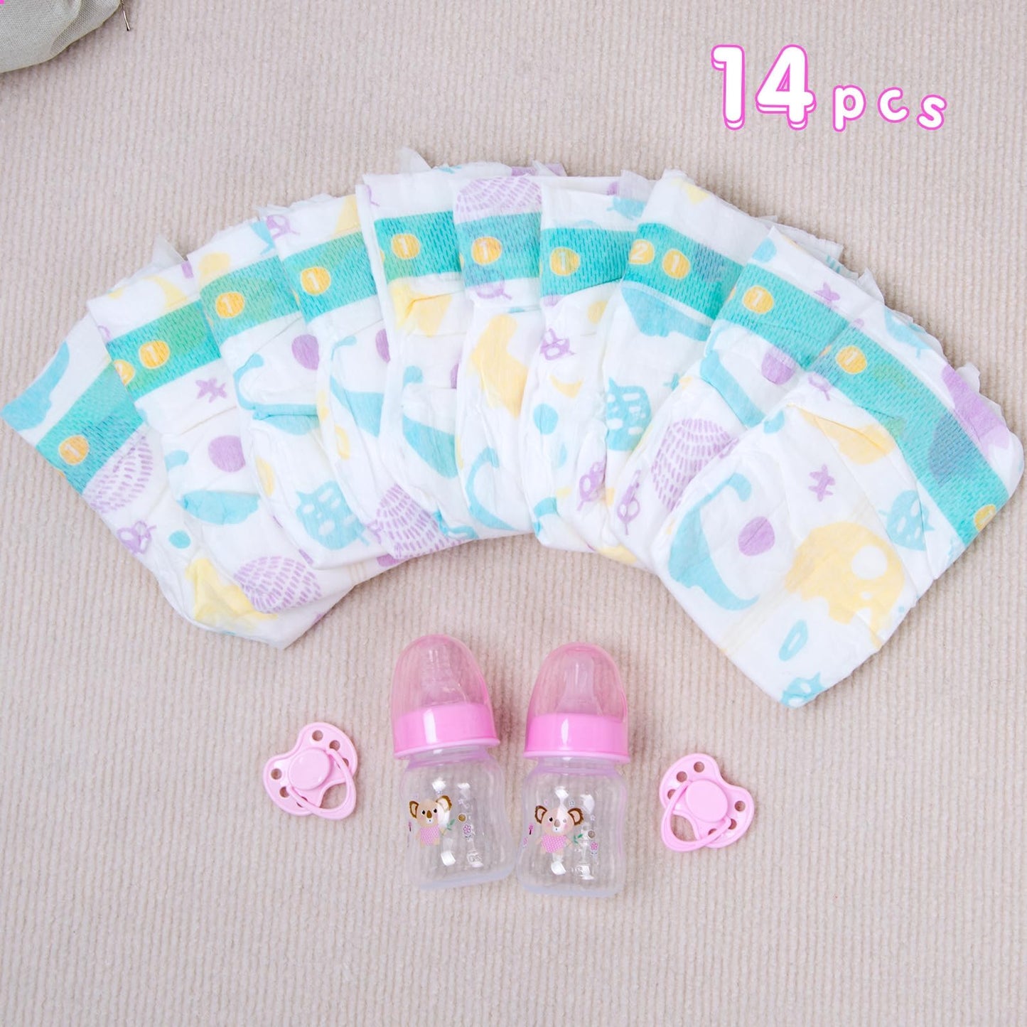 14 pcs Reborn Baby Doll Accessories with Feeding Set - Includes 10 Reborn Baby Doll Diaper , 2 Feeding Bottles and 2 Babydolls Pacifier Accessories