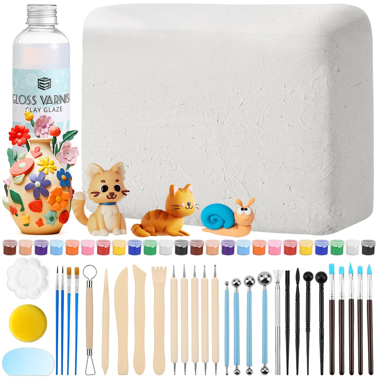 Natural Air-Dry Clay, 8 LBs Pottery Clay with 100ML Glaze Gloss Clay Varnish Protects and 27 PCS Pottery Tools Sculpting Tool Set, Air-Dry Clay Kit for Adults Beginner DIY Craft Gift