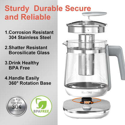 ICOOKPOT 1200w Electric Kettle, 1.5L Borosilicate Glass tea kettle, Hot water kettle electric for Coffee or Tea, BPA Free, Auto Shut-Off, Stainless Steel, Fast Boil, White