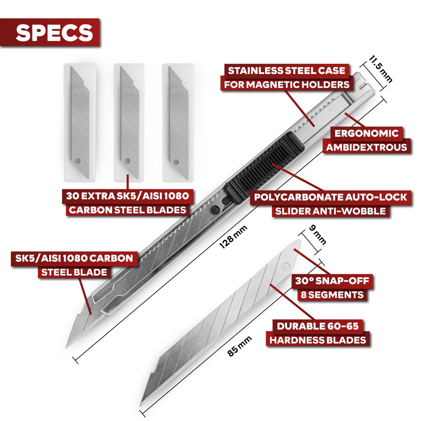 XFasten Snap Off Utility Knife Retractable 3-Pack 9mm Retractable Box Cutter Craft Knife with 30pcs 30 Degree Snap Off Blades Stainless Steel Craft Knives for Vinyl, Cardboard, Window Tint Cutter