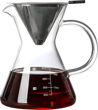 Pour Over Coffee Maker with Reusable Stainless Steel Drip Filter, Borosilicate Glass Carafe for 1-4 Cups