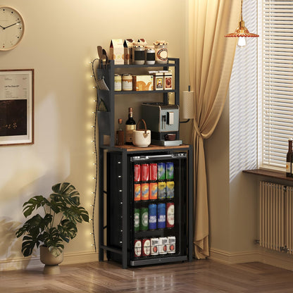 MAHANCRIS Bakers Rack with Mini Fridge Shelf, 3-Tier Microwave Stand, Coffee Bar Station with Paper Holder, Freestanding Kitchen Storage Rack, for Kitchen, Rustic Brown and Black BRHR5401