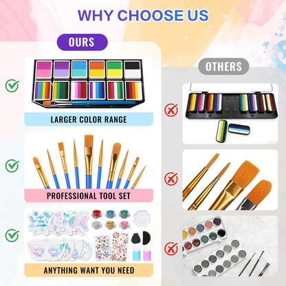 Face Painting Kit - 42 Colors Professional Face Paint Makeup Kit, Non-Toxic Water Activated Body Palette with Brushes, Stencils, Glitter, Gem, Sponge for Halloween, Arty Makeup & Cosplay Party