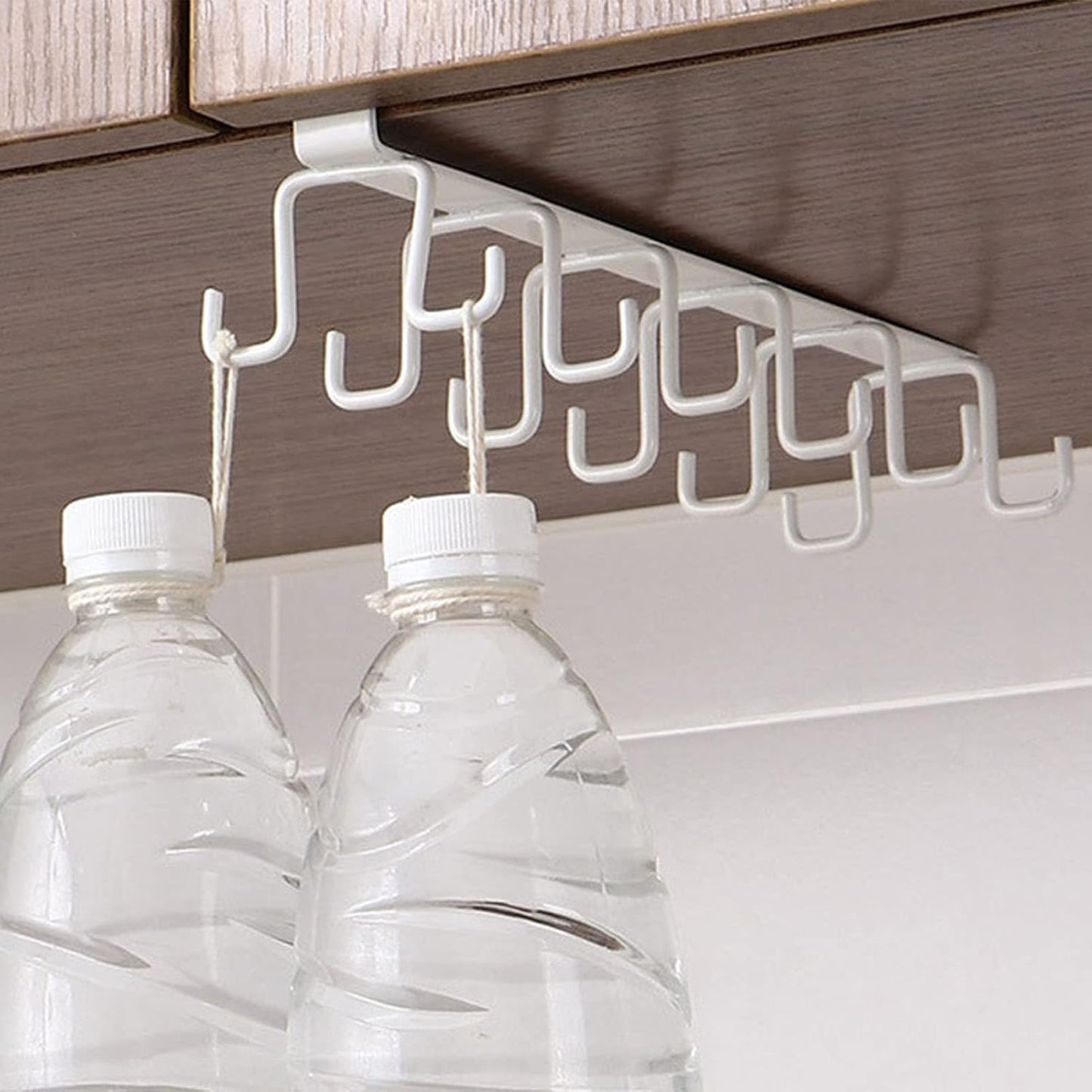 Kitchen Utensil Hanging Cups Storage Hooks with 6 Hooks, Under Cabinet Closet Cup Holder Hanger Hook Rack (White)