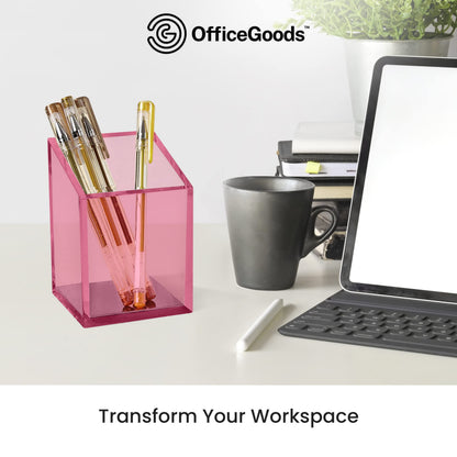 OfficeGoods Acrylic Pen & Pencil Holder - Modern Trapezoid Design - Beautiful Desk Organizer for Home or Office - Contrasting Metal Base - 3" Square w/ 3.5" Front & 4.5" Back - Pink