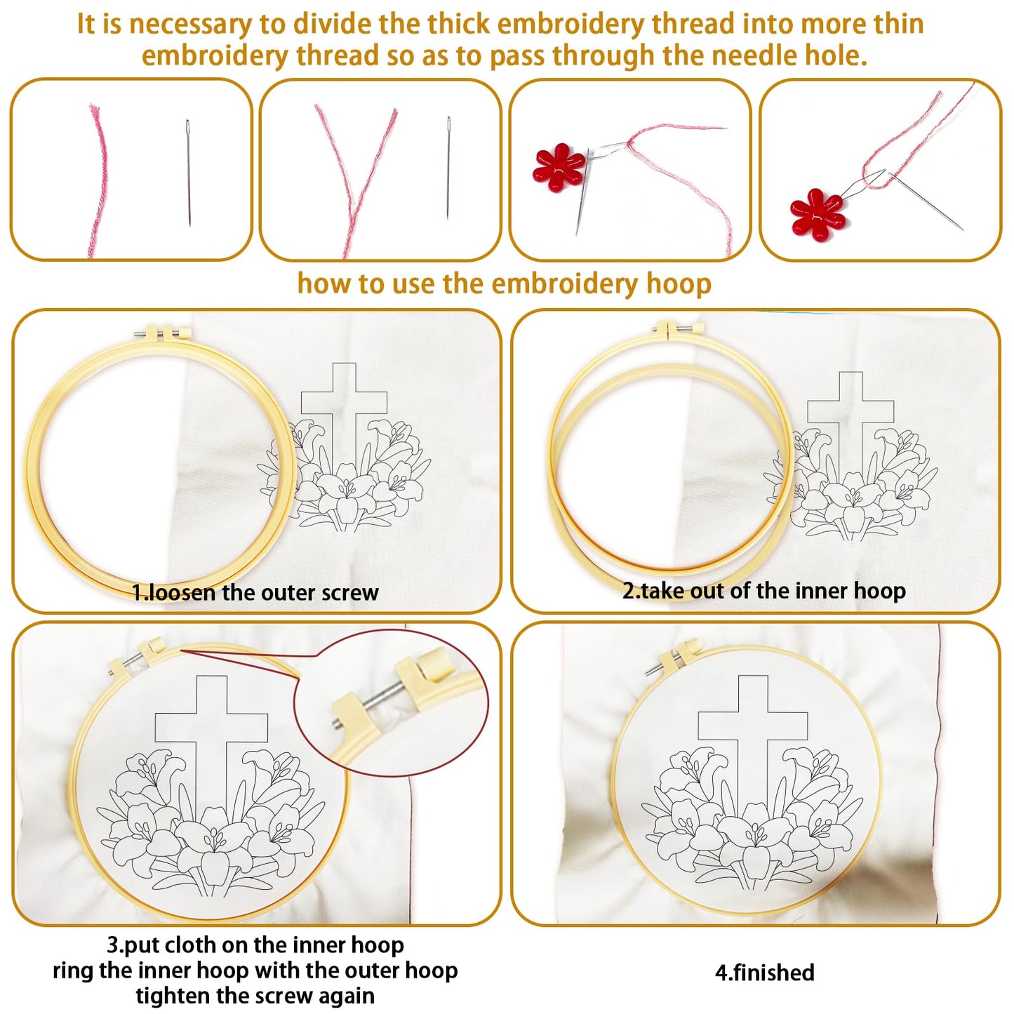 BEUNITONE Cross and Flowers Embroidery Kit for Beginners, DIY Stamped Needlepoint Craft with 4 Easy Patterns, Complete Starter Set for Relaxing Mindfulness Art and Creative Gift for Adults
