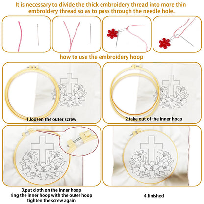 BEUNITONE Cross and Flowers Embroidery Kit for Beginners, DIY Stamped Needlepoint Craft with 4 Easy Patterns, Complete Starter Set for Relaxing Mindfulness Art and Creative Gift for Adults