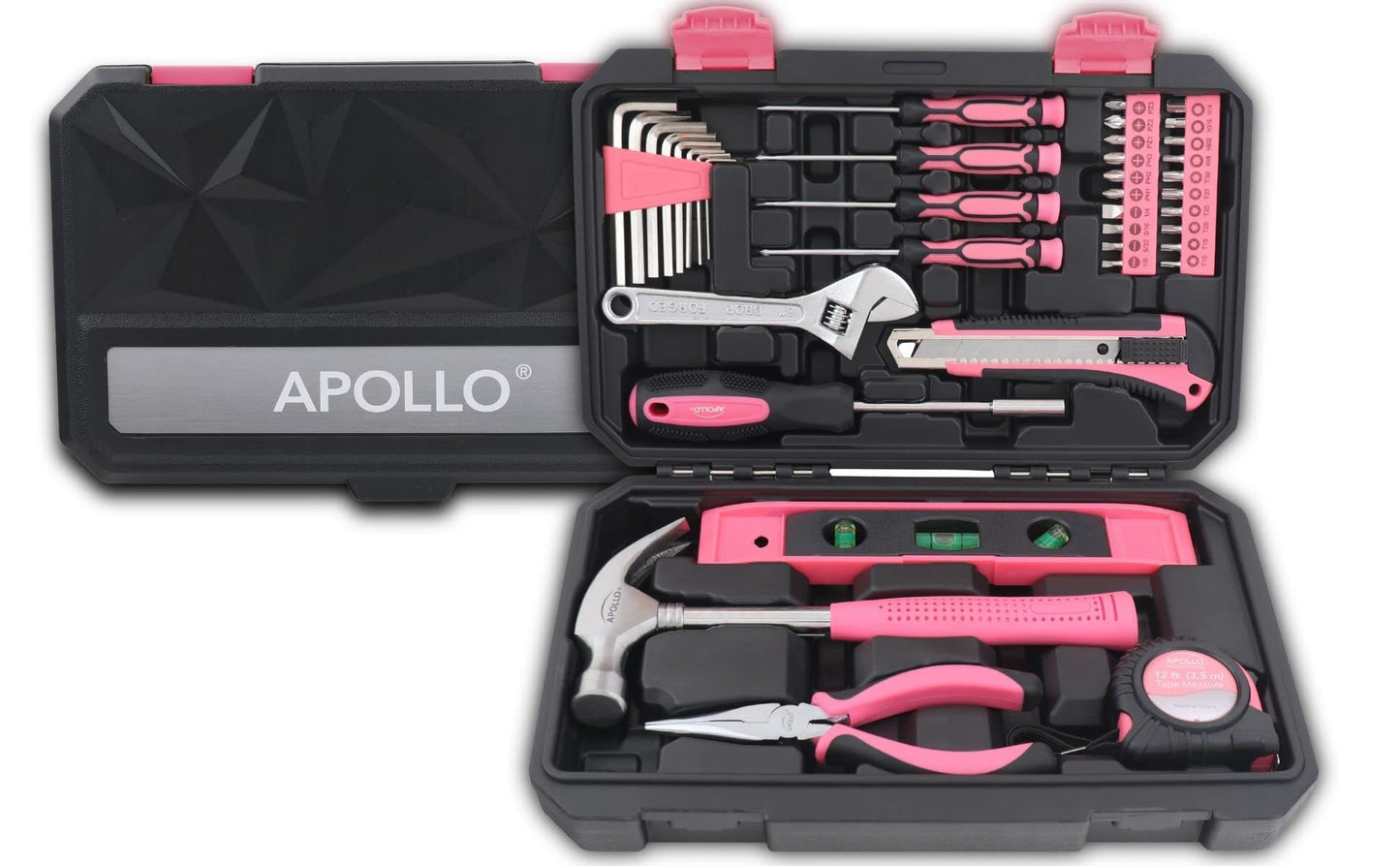 Apollo Tools 39 Piece General Household Tool Set in Toolbox Storage Case with Essential Hand Tools for Everyday Home Repairs, DIY and Crafts - Pink Ribbon - Pink - DT9711P