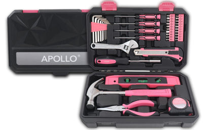 Apollo Tools 39 Piece General Household Tool Set in Toolbox Storage Case with Essential Hand Tools for Everyday Home Repairs, DIY and Crafts - Pink Ribbon - Pink - DT9711P