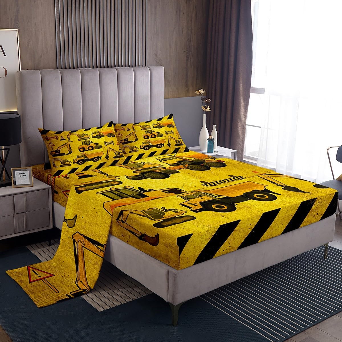 Set Set Erosebridal Excavators Bed Sheets Twin Size Equipment Trucks Sheet Construction Tractor Fitted Sheet, Yellow