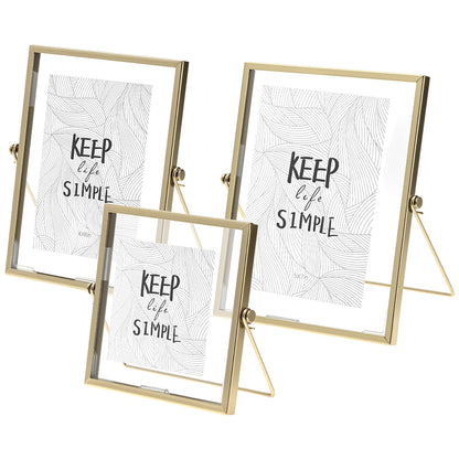 QWORK Gold Floating Picture Fram, Set of 3 Glass Double Panel Metal Frame, Includes 5x7, 4x6, 4x4, Tabletop Display for Postcards Photos Artworks