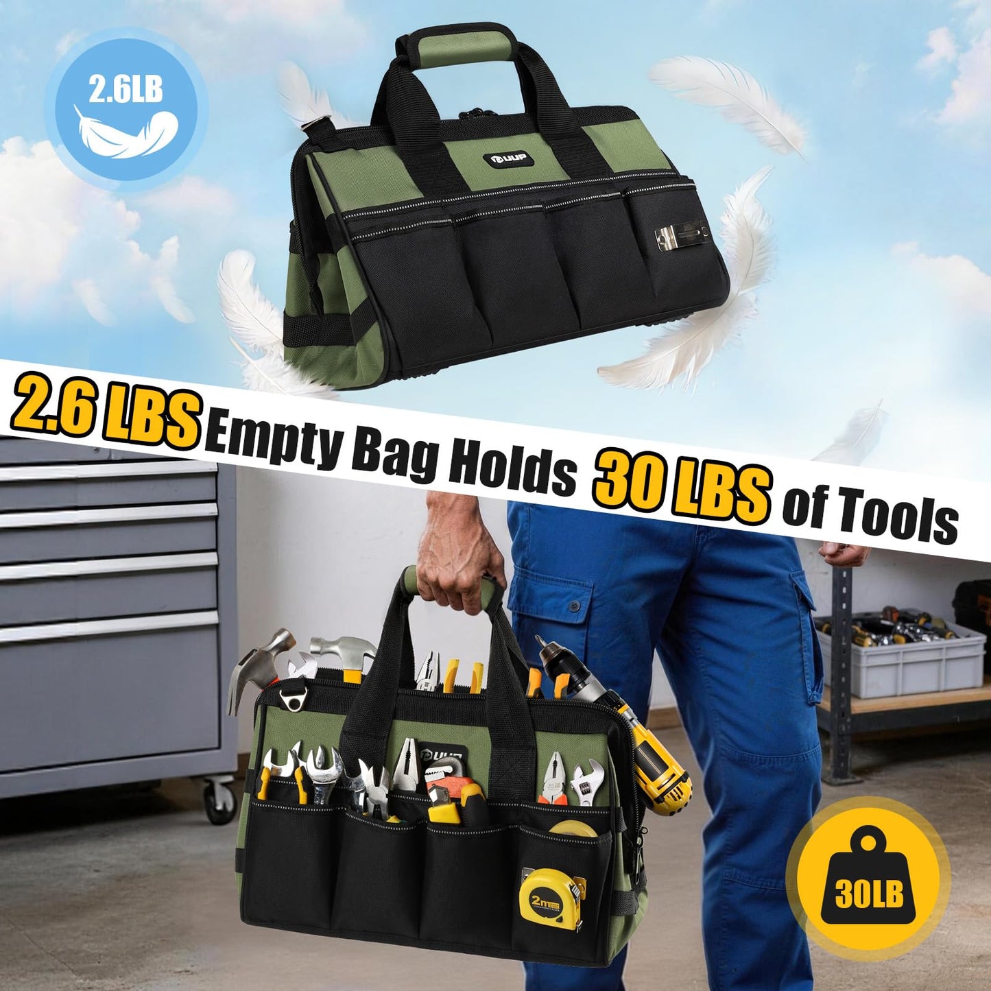 UUP Heavy Duty Tool Bag 15-Inch, 16-Pocket Portable Empty Tool Box Organizer, Big Storage Toolbox Organization, Soft Handle Large Zipper Carrying Toolbag, Father Day Gifts for Him Dad Men, Green
