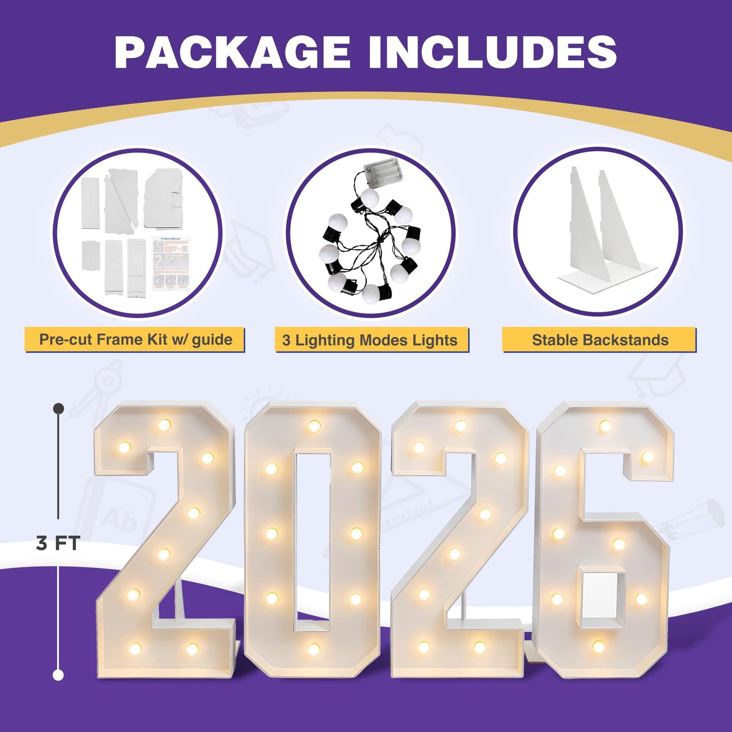 Graduation Decorations Class of 2026, 3FT Large PRE-CUT 2026 Marquee Numbers Kit for Preschool High School College Prom Party Decor