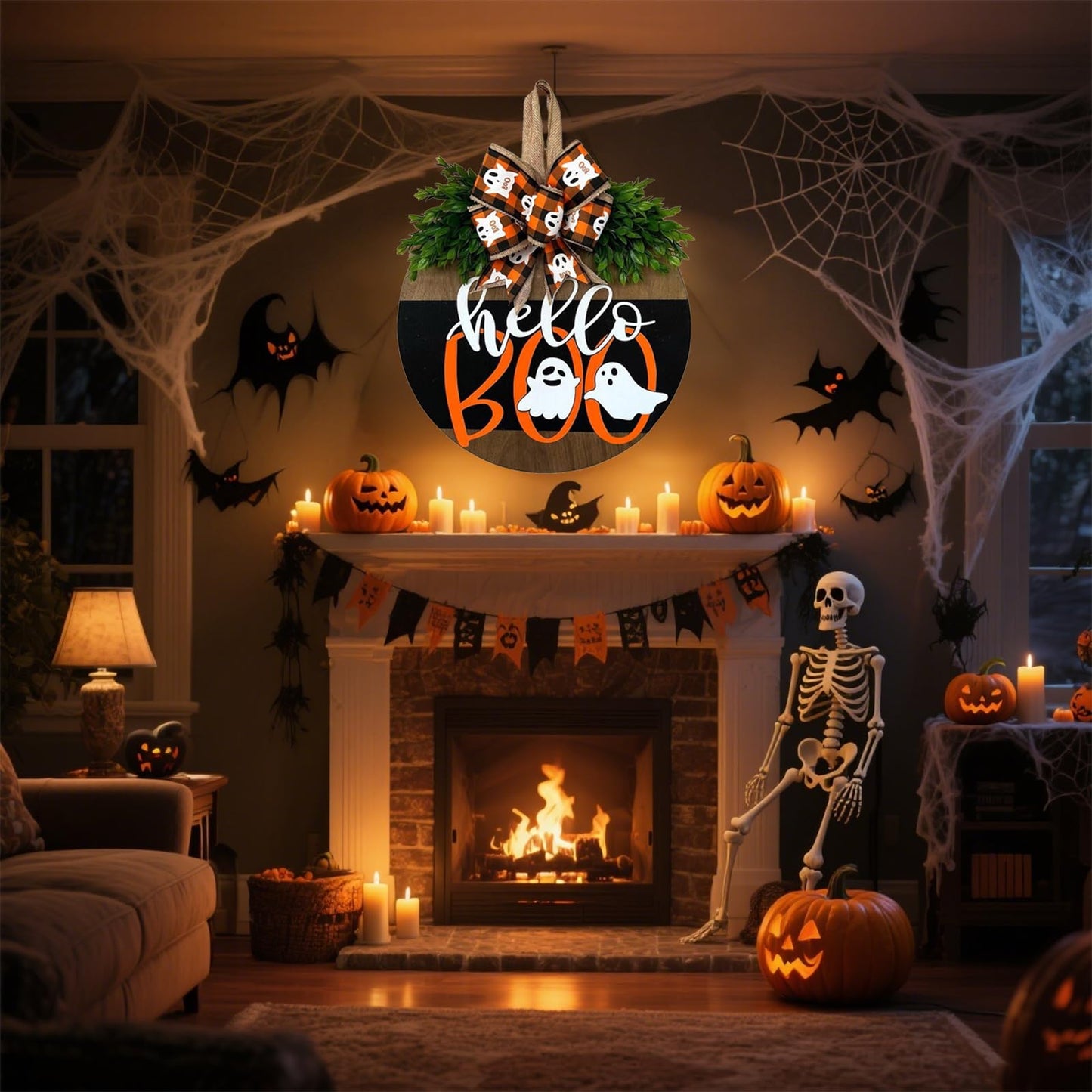 Cute Halloween Ghost Door Hanger Sign, Wooden Welcome Wreath for Front Door Farmhouse Porch Outdoor Wall Decor