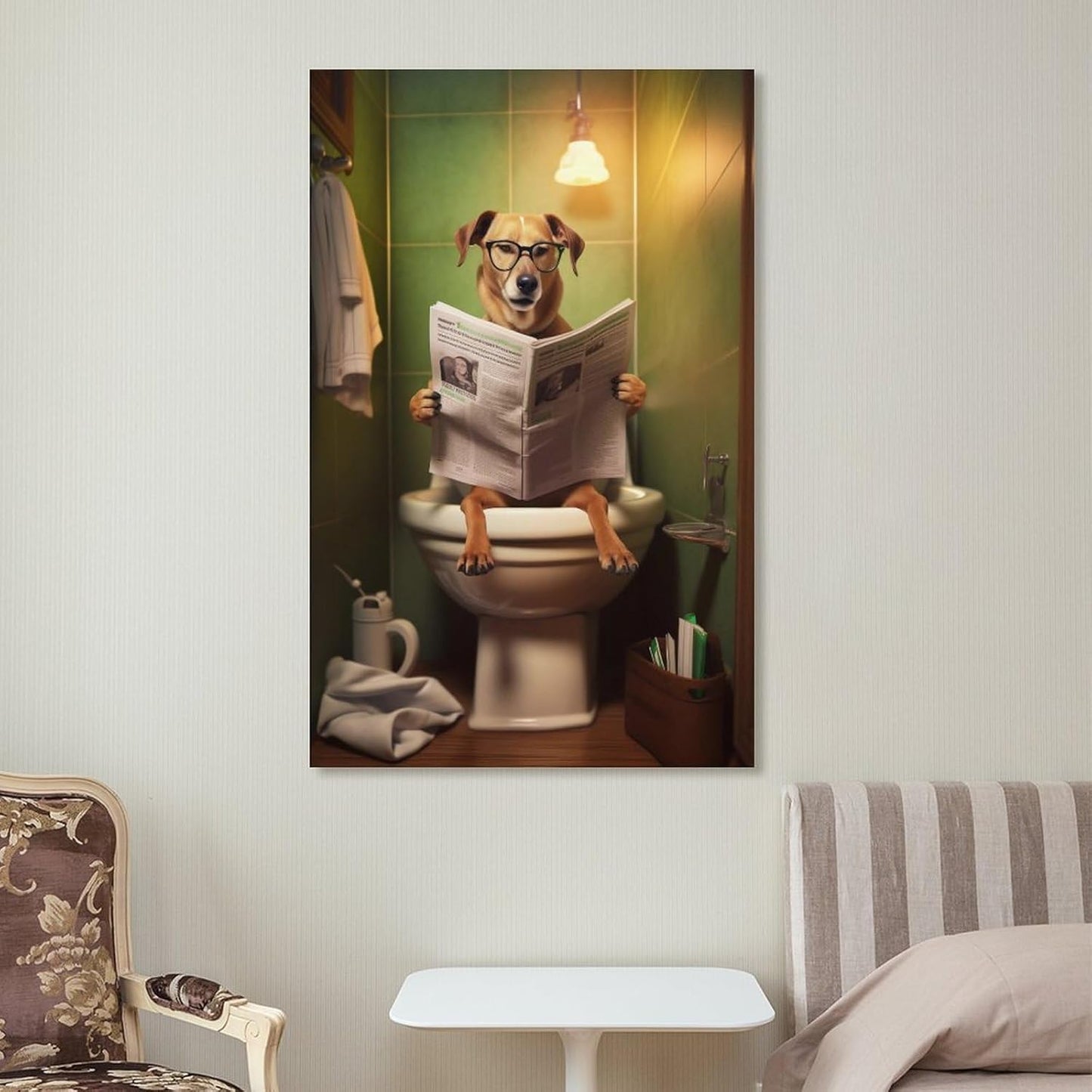 FireDeer Funny Bathroom Canvas Wall Art - Dog Reading Newspaper on Toilet Poster Humor Painting for Farmhouse Decor