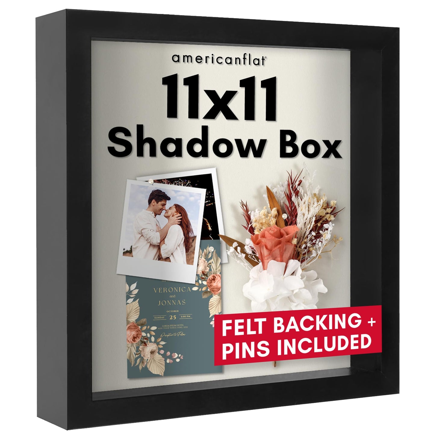 Americanflat 11x11 Shadow Box Frame with Shatter-Resistant Glass - Silhouette Collection - Large Shadow Box Display Case for Tabletop and Wall Display - Black with Soft Felt Back