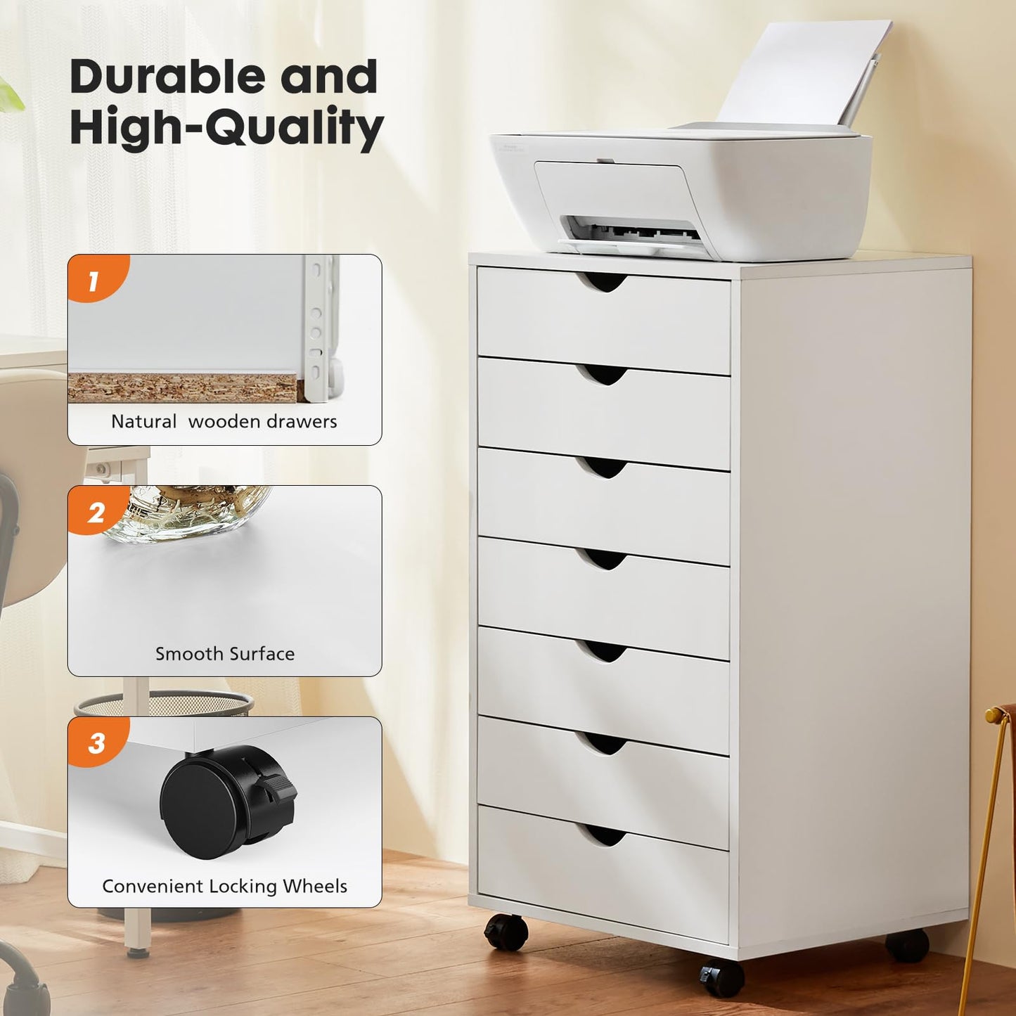 OLIXIS 7 Drawer Mobile File Cabinet Under Desk Storage Organization with Wheels Vertical Filing Chest Rolling Wood Small Desk Printer Stand for Home Office, 15.75"D x 18.74"W x 34.25"H, White