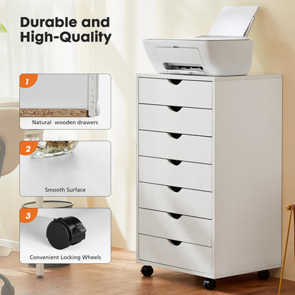 OLIXIS 7 Drawer Mobile File Cabinet Under Desk Storage Organization with Wheels Vertical Filing Chest Rolling Wood Small Desk Printer Stand for Home Office, 15.75"D x 18.74"W x 34.25"H, White