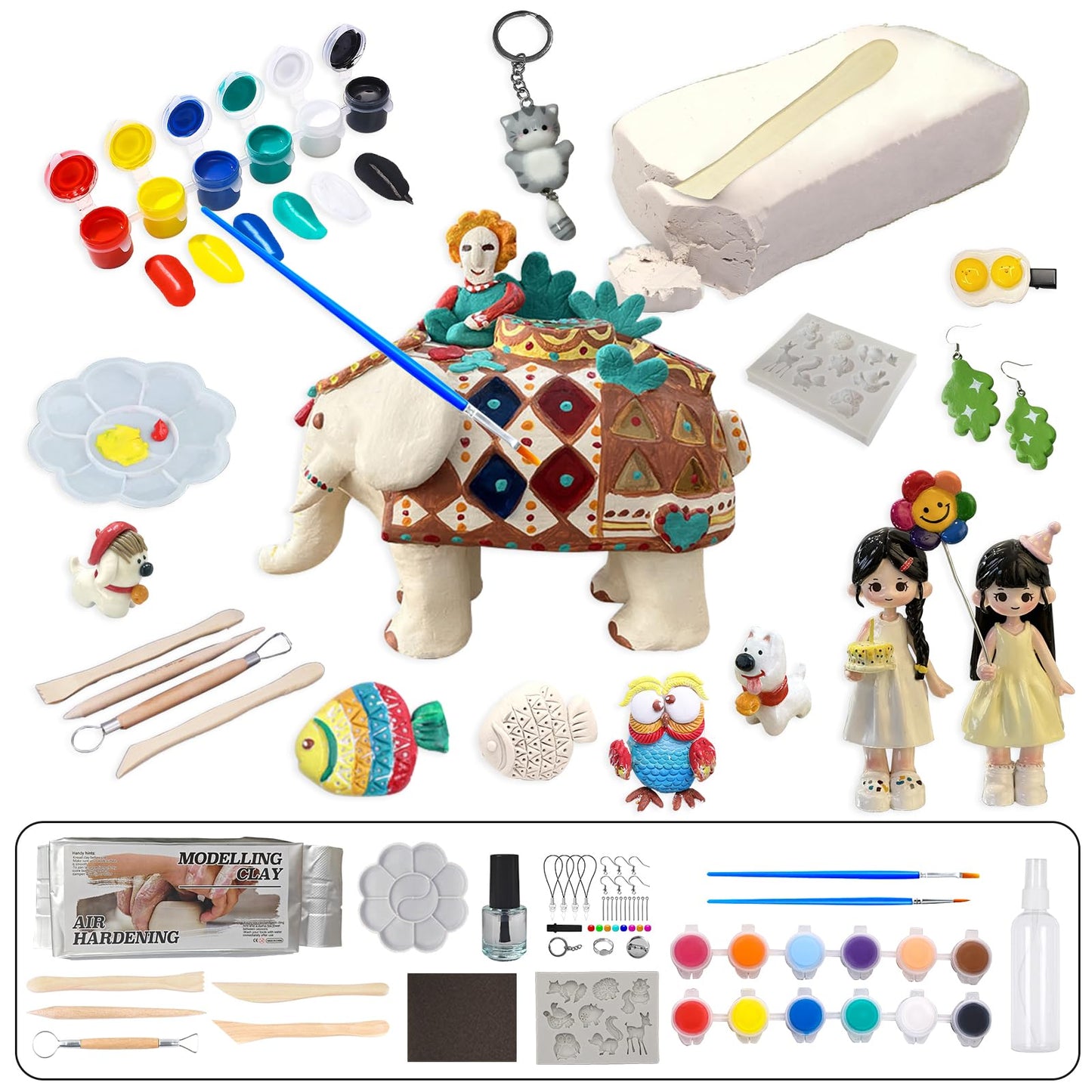 GOVOY Air Dry Clay Pottery Kit DIY Clay Kit for Beginners Handmade Pottery at Home with 12pcs of Paints Wooden Sculpting Tools Animal Mold Kids Adults Arts and Crafts Set